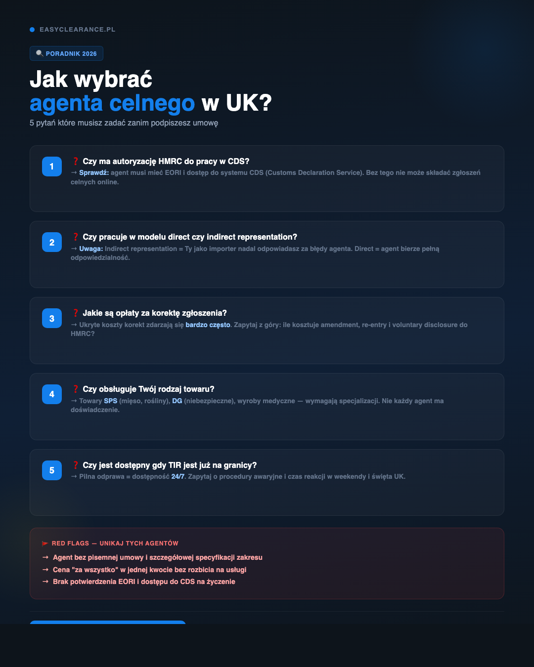 Jak wybrać agenta celnego w UK — 5 pytań i red flags 2026