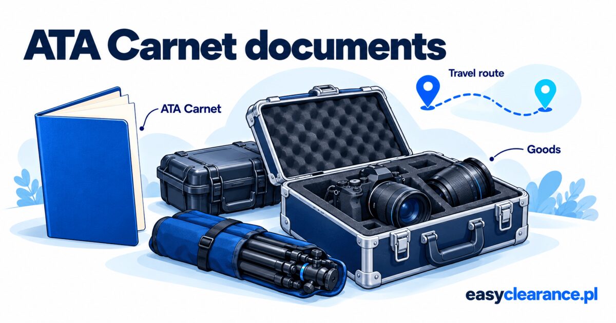 Illustration of an ATA Carnet booklet beside labelled goods and an abstract travel route.