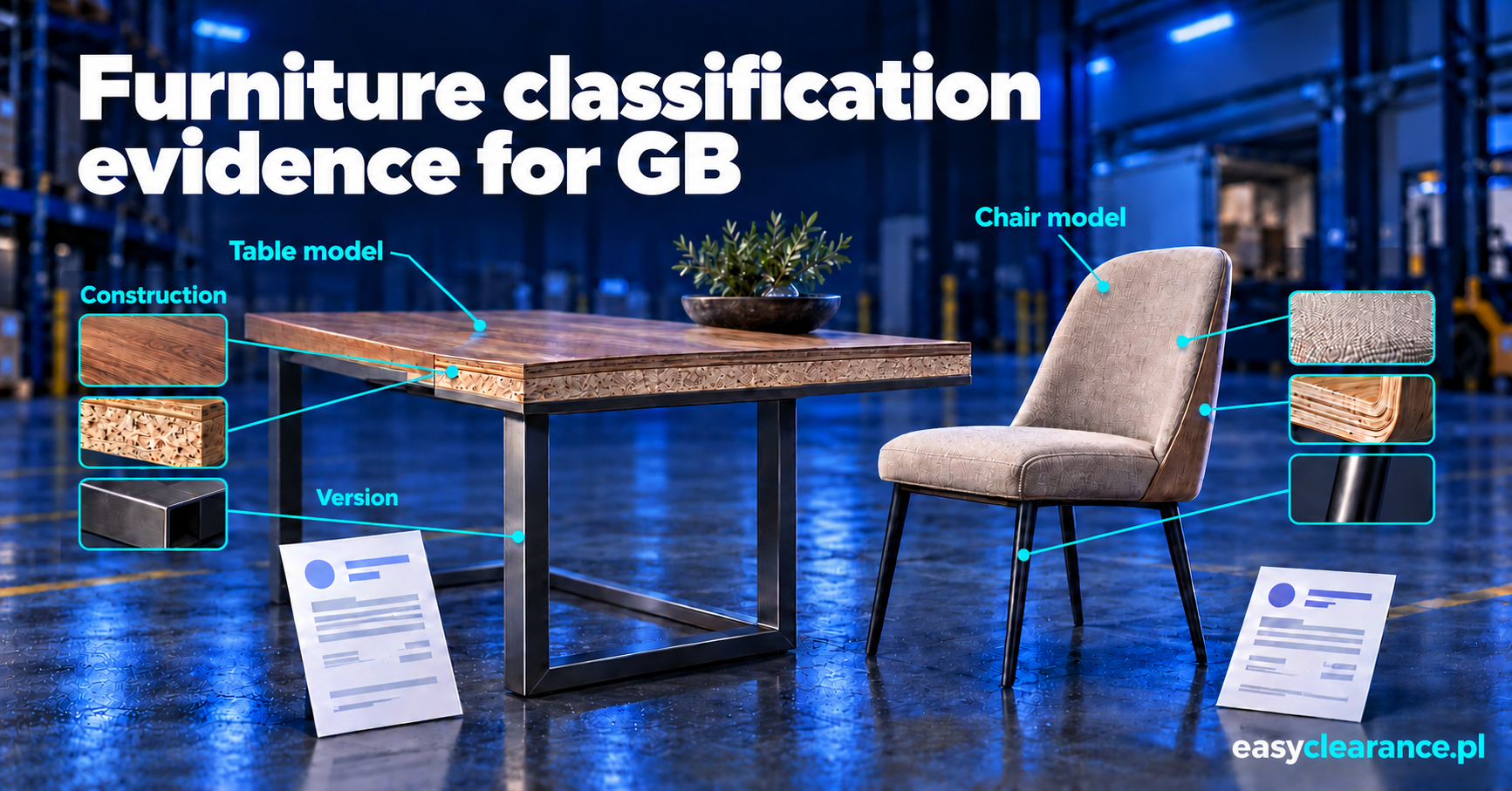 Illustrative table and upholstered chair linked to separate construction and model specification sheets.