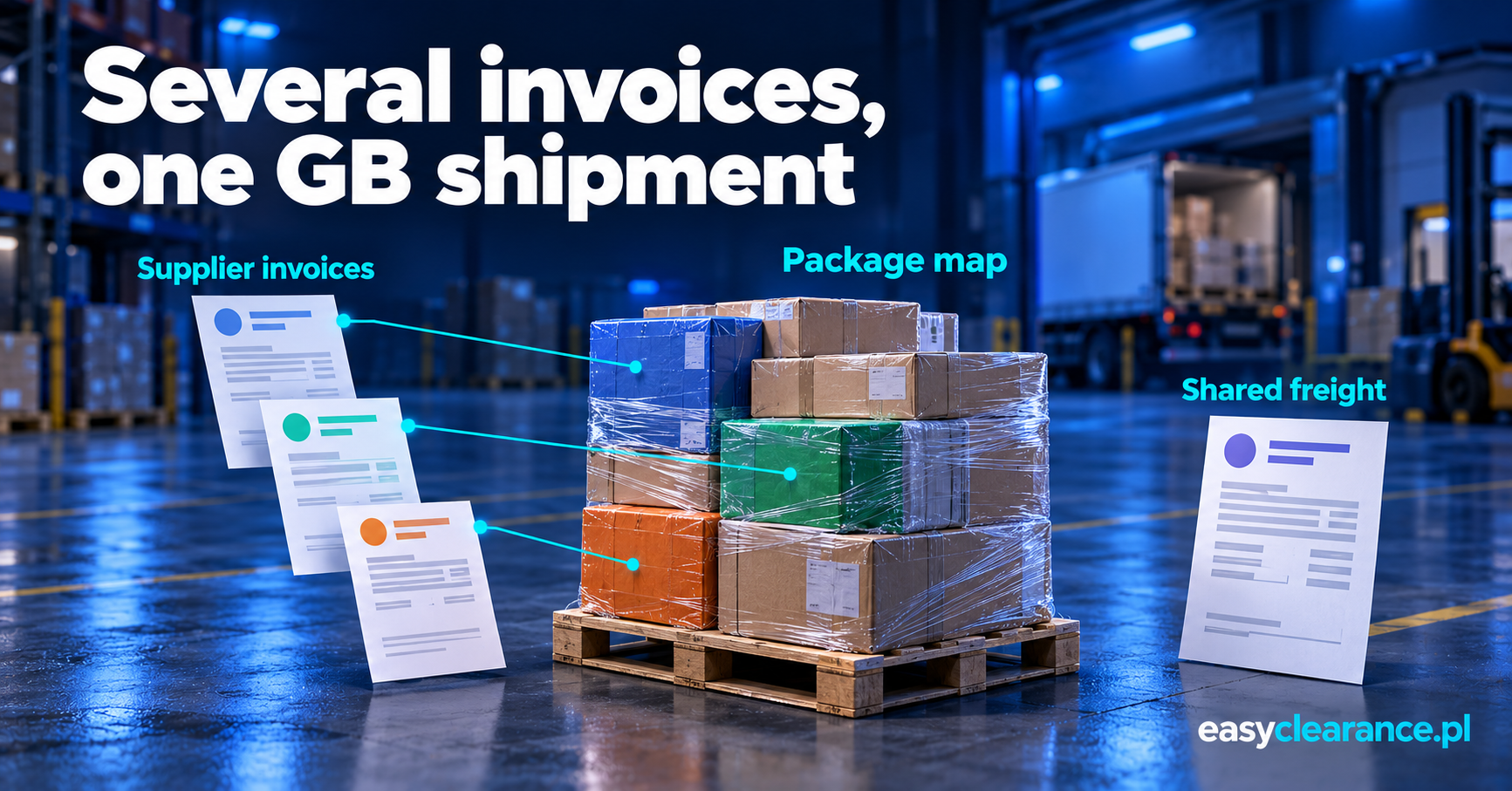Three separate supplier invoice sheets linked to cartons on one pallet, with a separate shared freight record.