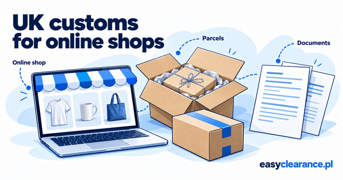 UK customs for online shops: a laptop storefront, parcels and generic shipment documents.