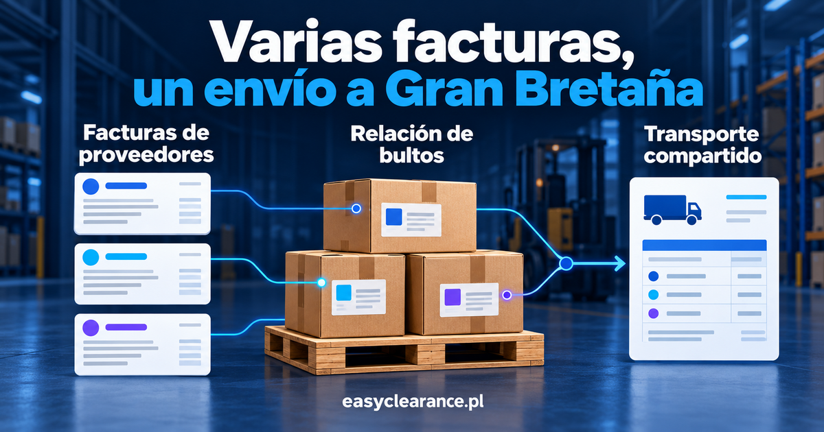 Tres facturas de proveedores vinculadas a cajas en un mismo palé, con un documento independiente de los gastos de transporte compartidos.