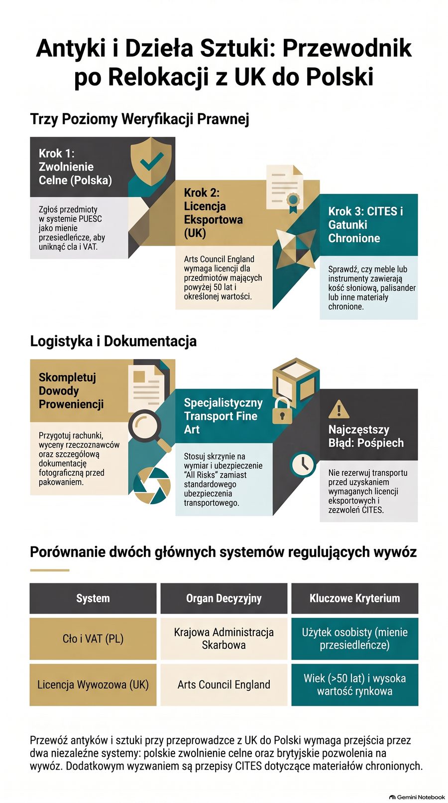 Infografika: Meble antyczne i dzieła sztuki przy przeprowadzce z UK do Polski — licencje wywozowe i cło