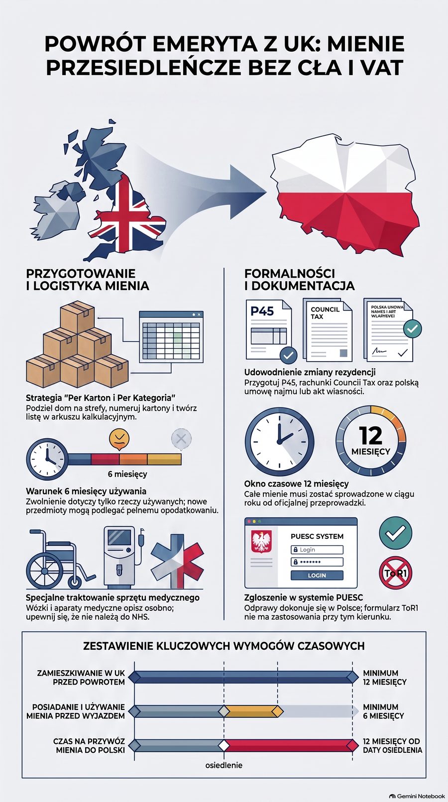 Infografika: Emeryt wraca z UK do Polski — mienie przesiedleńcze po latach pracy na Wyspach
