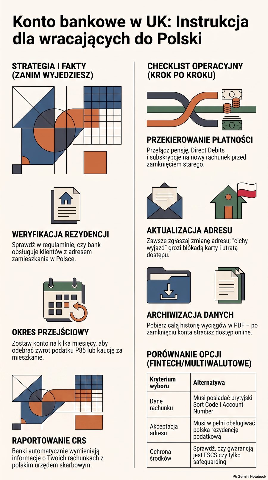 Infografika: Konto bankowe w UK po powrocie do Polski — zamknąć, zostawić czy zmienić adres