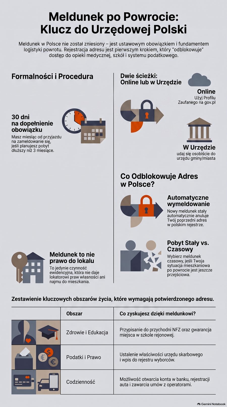 Infografika: Meldunek po powrocie z UK — obowiązek meldunkowy i dlaczego adres w Polsce wszystko odblokowuje