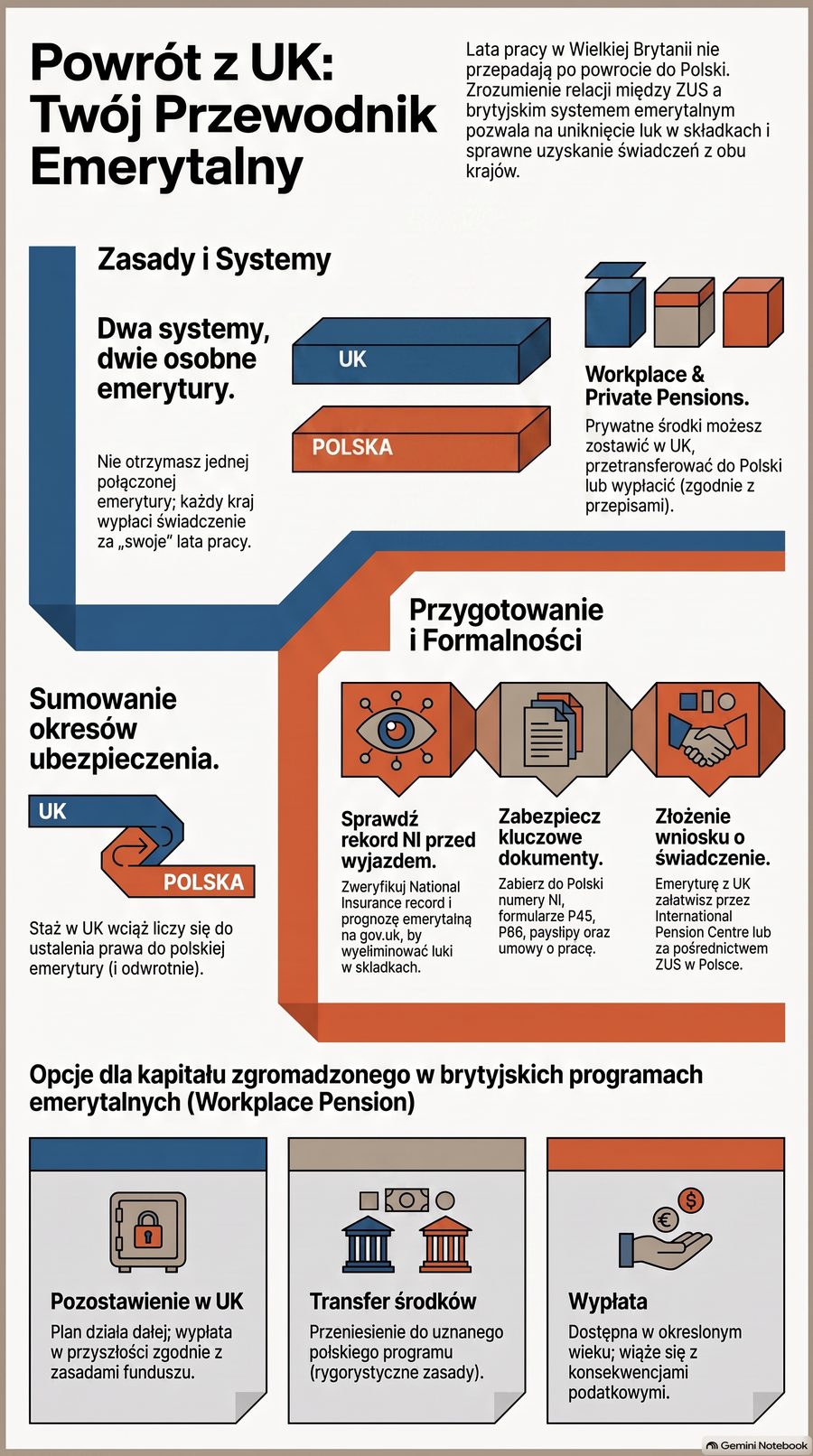 Infografika: ZUS i emerytura po latach pracy w UK — kluczowe kroki