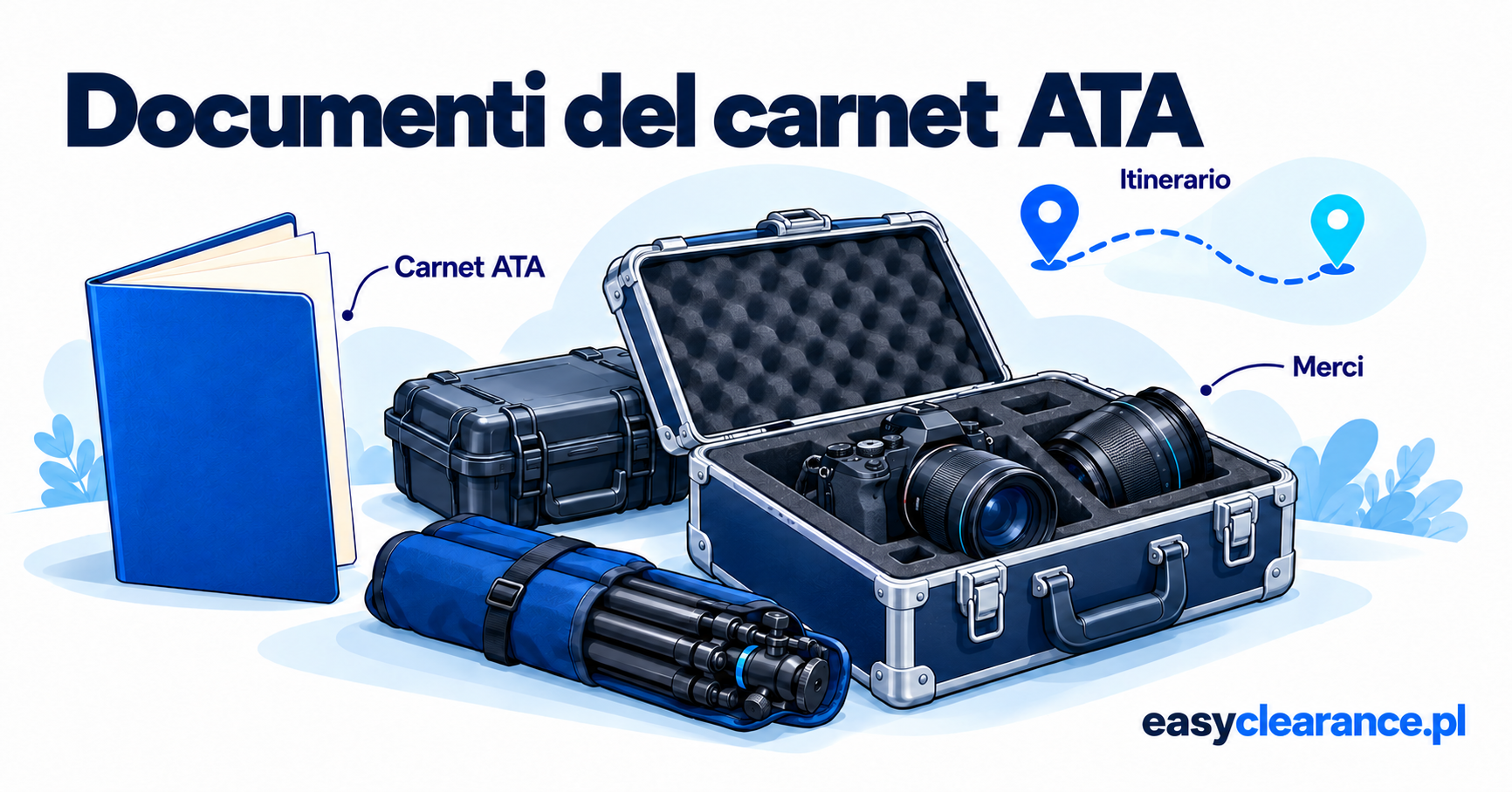 Documenti del carnet ATA, attrezzature professionali e un itinerario schematico.